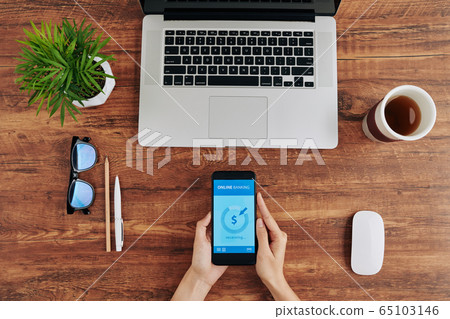 Woman using online banking application Woman using online banking application 65103146
