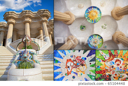 Barcelona Park Guell of Gaudi mosaic in the Hundred Columns Chamber 65104448