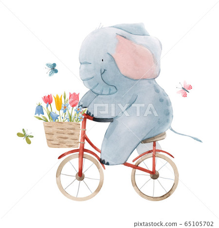Beautiful stock illustration with cute watercolor baby elephant on bike. Animal with bicycle hand drawn painting. Beautiful stock illustration with cute watercolor baby elephant on bike. Animal with bicycle hand drawn painting. 65105702