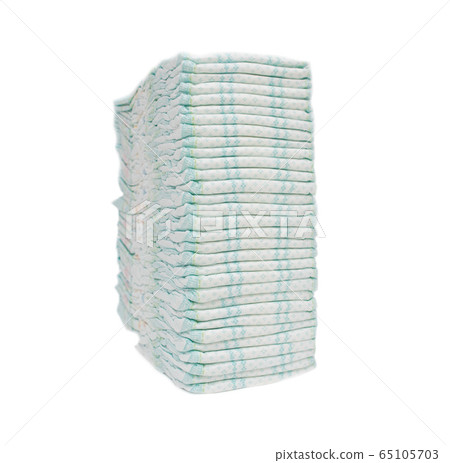 A large stack of baby hygienic diapers that protect against leakage, cleanliness and absorption, hypoallergenicity, isolate, white A large stack of baby hygienic diapers that protect against leakage, cleanliness and absorption, hypoallergenicity, isolate, white 65105703