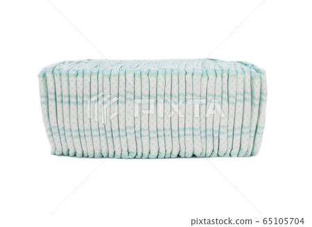 A large stack of comfortable baby diapers that protect against leakage, lightness and freshness, close-up, isolate 65105704