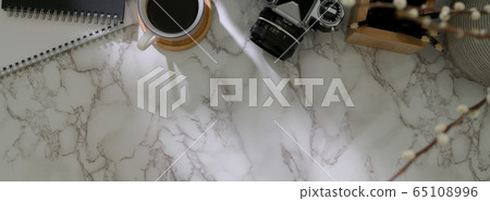 Overhead shot of trendy worktable with camera, 65108996