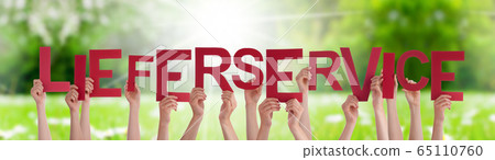 People Hands Holding Word Lieferservice Means People Hands Holding Word Lieferservice Means 65110760