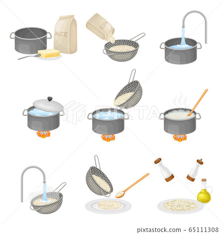 Cooking Rice Process with Head Rice Washing and Poaching on Burner Vector Set 65111308