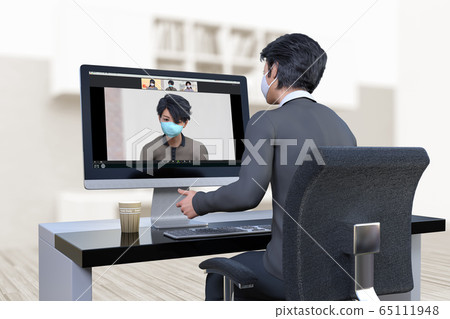 Teleworking meetings between male and female employees working at home instead of at the company due to an emergency declaration 65111948