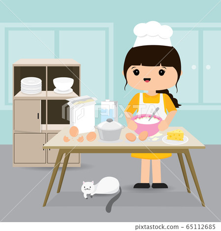 Quarantine, stay at home concept. Working from home, Woman cooking Bakery in kitchen room. Character Cartoon Vector illustration Quarantine, stay at home concept. Working from home, Woman cooking Bakery in kitchen room. Character Cartoon Vector illustration 65112685