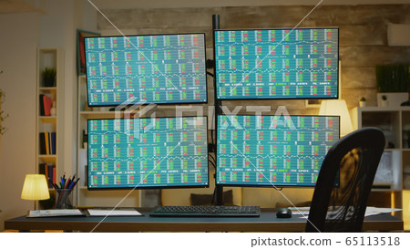 Four displays presenting financial data of stock market Four displays presenting financial data of stock market 65113518
