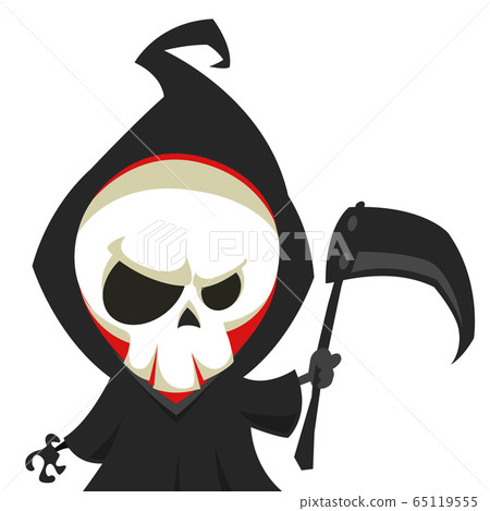 Cute cartoon grim reaper with scythe isolated on white. Vector illustration 65119555