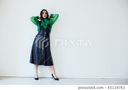 Portrait of a beautiful fashionable oriental brunette woman in a green black dress Portrait of a beautiful fashionable oriental brunette woman in a green black dress 65119761