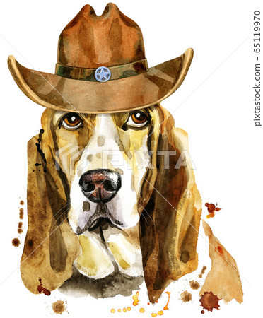 Watercolor portrait of basset hound with cowboy Watercolor portrait of basset hound with cowboy 65119970