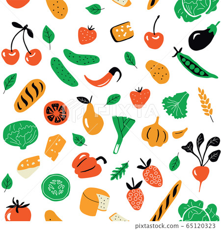 Seamless pattern with healthy food, organic products.  Vector flat illustration. 65120323