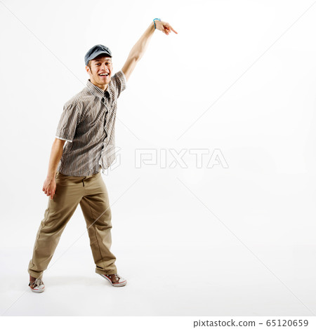 Funny man presenting against white background Funny man presenting against white background 65120659