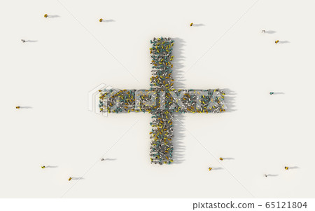 Large group of people forming plus symbol in 65121804