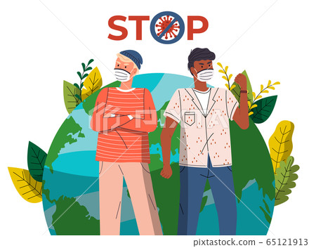 Two young guys in protective medical masks at planet earth background, stop spreading virus Two young guys in protective medical masks at planet earth background, stop spreading virus 65121913