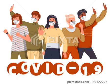 Group of people in respiratory masks show stop gesture, stop spreading covid-19, world pandemic Group of people in respiratory masks show stop gesture, stop spreading covid-19, world pandemic 65122223
