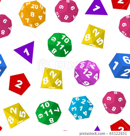 Color Polyhedron Dice with Numbers Seamless Pattern Background. Vector 65122831