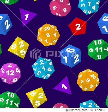 Color Polyhedron Dice with Numbers Seamless Pattern Background. Vector 65122832