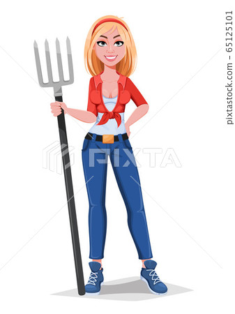 Happy smiling farm girl holding pitchfork Happy smiling farm girl holding pitchfork 65125101