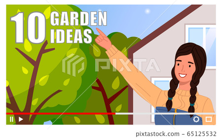 Cute girl with pigtails shooting video tutorial about garden design, video player interface Cute girl with pigtails shooting video tutorial about garden design, video player interface 65125532