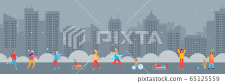 Panoramic view of people playing snowballs, riding on sleds, walking dog at winter city background 65125559
