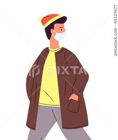 Vector portrait of young man wearing medical mask looking back, afraid of viral pandemia, protection Vector portrait of young man wearing medical mask looking back, afraid of viral pandemia, protection 65125677