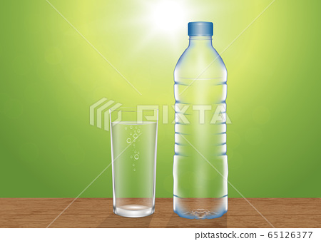 Fresh glass of drinking water and drinking bottle on wooden\
tabletop on blurred green nature bokeh background vector\
illustration