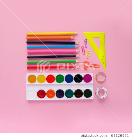 Stationery on a pink background, stationery in the Stationery on a pink background, stationery in the 65126951