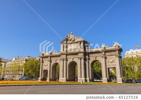 Madrid Spain, city skyline at Puerta de Alcala Madrid Spain, city skyline at Puerta de Alcala 65127319