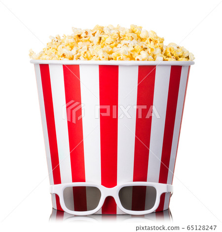 Paper striped bucket with popcorn and 3D glasses isolated on white background 65128247