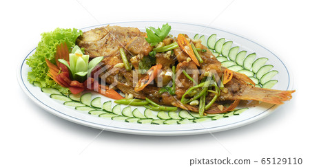 Fried Fish Stir Fried Celery Asian Food Style 65129110