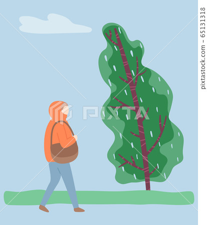 Woman Walk Alone in Park, Cold and Windy Weather 65131318