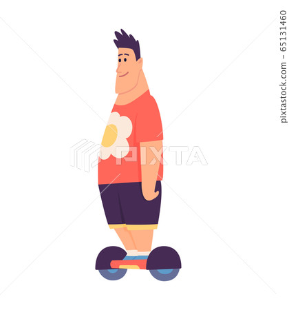 Young thick man riding an giroboard, modern outdoor transport, standing pose. People riding electric. Design for rent service a quick eco ride. Vector illustration in flat style 65131460