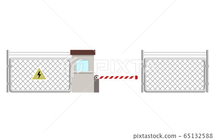 Metal fence with a barrier and a checkpoint. Metal fence with a barrier and a checkpoint. 65132588