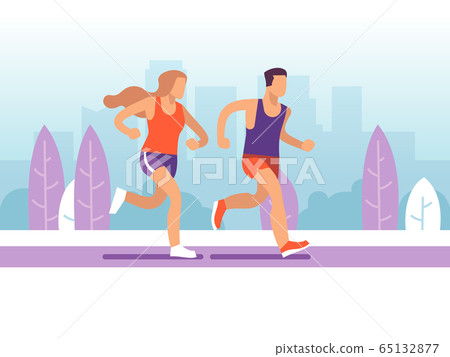 Running couple. Man and woman jogging in park, morning active training marathon, healthy lifestyle motivational cartoon vector concept 65132877