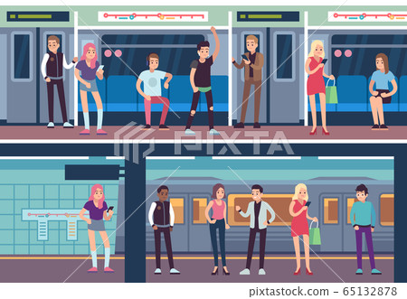 People inside subway. Public transport underground station. Metro platform and train with female and male passengers vector concept 65132878