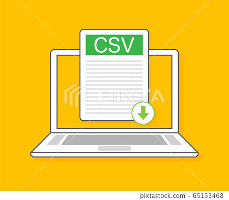 Download CSV button on laptop screen. Downloading document concept. File with CSV label and down arrow sign. Vector illustration. 65133468