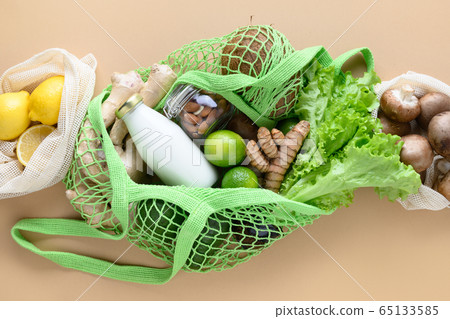 Zero waste concept. Healthy vegan goods, mesh bag, 65133585