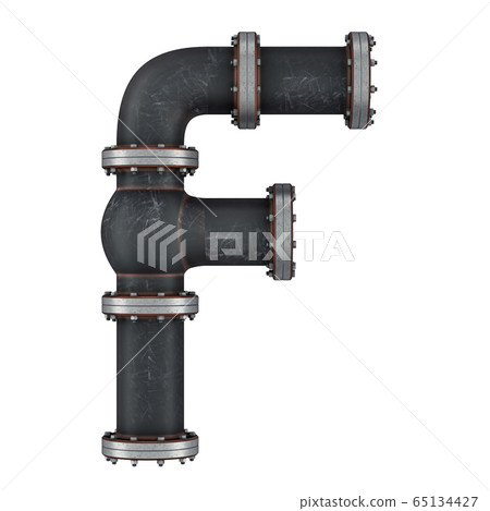 Letter F from cast iron pipes, 3D rendering 65134427