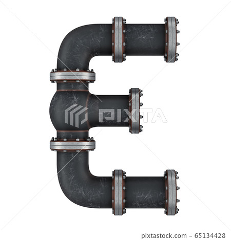 Letter E from cast iron pipes, 3D rendering Letter E from cast iron pipes, 3D rendering 65134428
