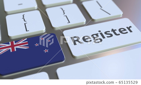 Register text and flag of New Zealand on the keyboard. Online services related 3D rendering Register text and flag of New Zealand on the keyboard. Online services related 3D rendering 65135529