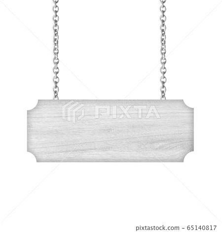 Wooden sign hanging on a chain isolated on white 65140817