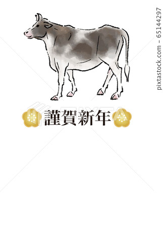 2021 ox year New Year's card illustration sumi-e ink painting simple vertical 65144297
