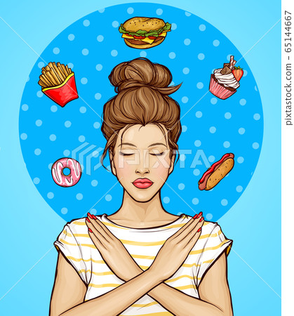 Woman refusing from fast food and sweets 65144667