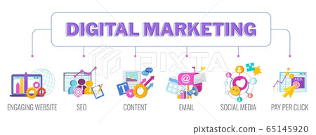 Digital marketing banner. Infographics Pictogram. Flat vector illustration. Digital marketing banner. Infographics Pictogram. Flat vector illustration. 65145920