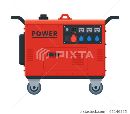 Red Gasoline Portable Power Generator on Wheels, Diesel Electrical Engine Equipment Vector Illustration 65146235