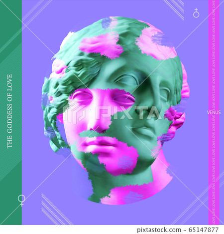 Combination of two beautiful young female faces on violet background antique bust of Venus in a floral wreath. Beauty spring and summer model girl with fresh bouquet. 65147877