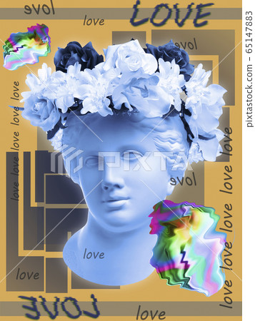 Beautiful young female pink face and colorful flowers on textured background . Plaster antique bust of Venus in a floral wreath. Beauty spring and summer model girl with fresh bouquet. 65147883