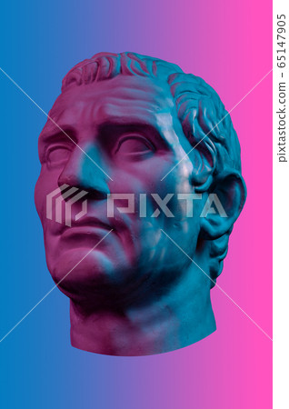 Statue of Guy Julius Caesar Octavian Augustus. Creative concept colorful neon image with ancient roman sculpture Guy Julius Caesar Octavian Augustus head. Cyberpunk, vaporwave and surreal art style. Statue of Guy Julius Caesar Octavian Augustus. Creative concept colorful neon image with ancient roman sculpture Guy Julius Caesar Octavian Augustus head. Cyberpunk, vaporwave and surreal art style. 65147905