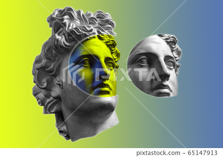 Collage with plaster antique sculpture of human face in a pop art style. Creative concept colorful neon image with ancient statue head. Cyberpunk, webpunk and surreal style poster. Collage with plaster antique sculpture of human face in a pop art style. Creative concept colorful neon image with ancient statue head. Cyberpunk, webpunk and surreal style poster. 65147913