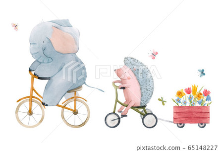 Beautiful stock illustration with watercolor hand drawn cute animals on transport. 65148227